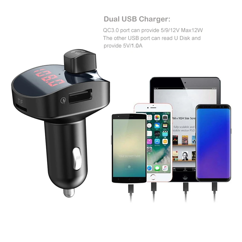 KCAR1012_19_JONSNOW Bluetooth FM Transmitter FM Bluetooth Car FM Modulator Car Lighter MP3 Bluetooth Player QC 3.0 USB Car Charger 5V3.1A