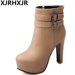 XJRHXJR сапоги женские ботильоны ремень обувь с пряжкой на высоком каблуке белые женские зимние ботинки на молнии круглый носок обувь ручной