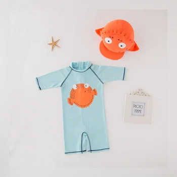 

Child Boy Two Pieces Suit Sunscreen Puffer Fish Print Swimsuit Surf With Cap Kids Zipper SPA Swimwear Beach Wear 2019 S91822X