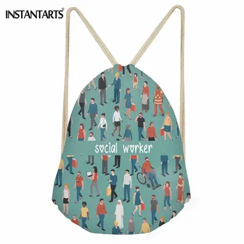 

INSTANTARTS Social Worker Pattern Casual Small Drawstring Bag for Girls Daily String Backpack Lady Polyester Beach Travel Bags