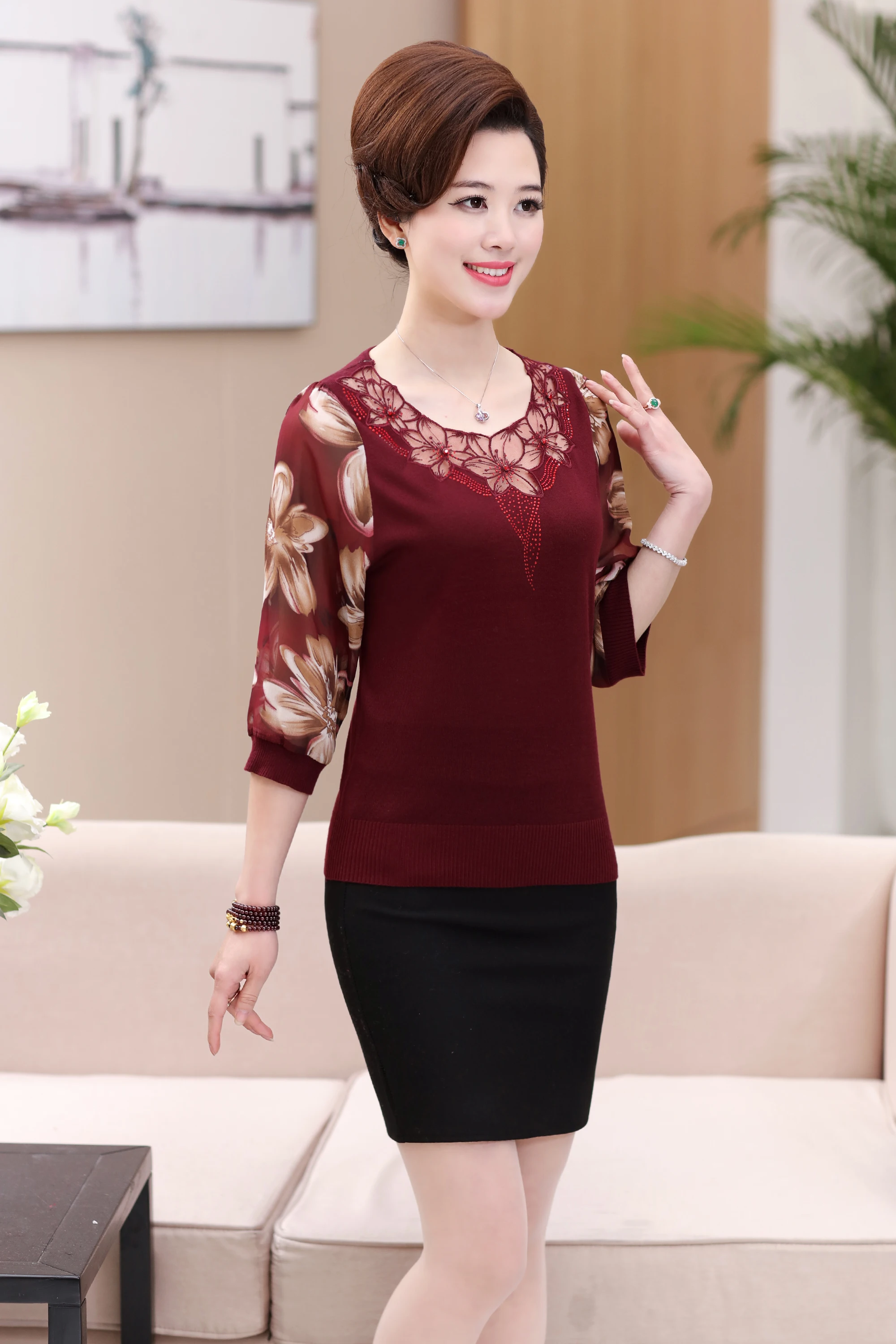 Spring Women Knit Hollow Lace Blouse Chiffon Floral Printed  Sleeve Tops Thin Blouse Shirt 2