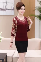 Spring Women Knit Hollow Lace Blouse Chiffon Floral Printed  Sleeve Tops Thin Blouse Shirt 2