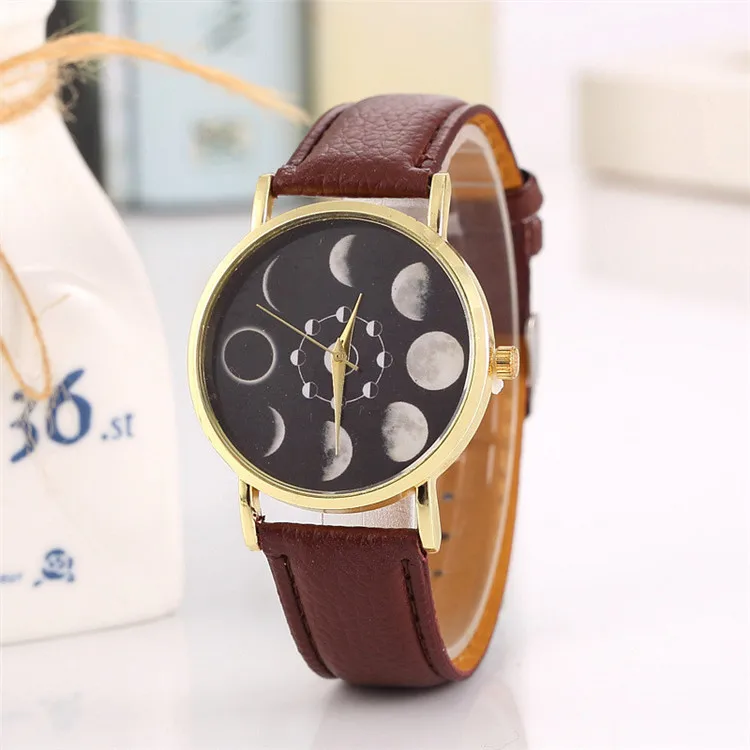 Solar Moon Phase Lunar Eclipse Watch Women Stylish Quartz Watch Leather