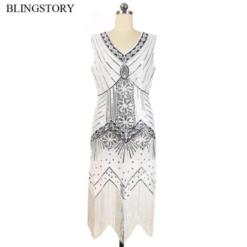 

BLINGSTORY Europe Retro 1920s Diamond Sequin Embellished Fringe Dresses Great Gatsby Midi Flapper Dress Brazil