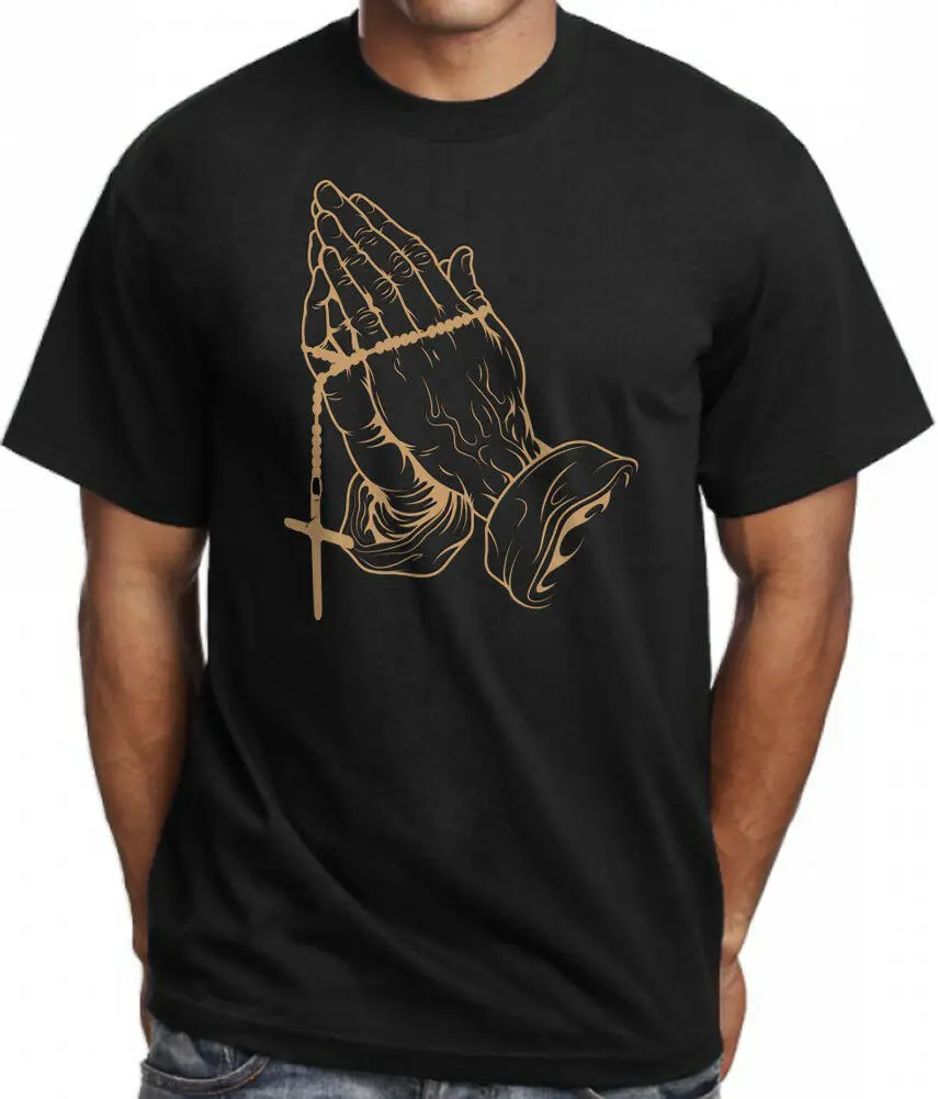 

2019 Fashion Praying Hands T Shirt Black Gold Blessed Rosary Cross Tattoo Drake Rap Urban Tee Unisex Tee