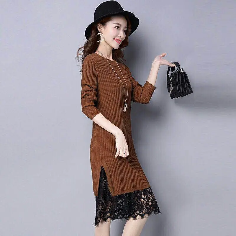 Women's Knit Sweater Lace Dress Lady Autumn Solid Color Lace Stitching