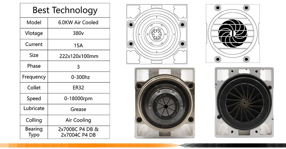 G-PENNY 6.0KW двигатель шпинделя с воздушным охлаждением ER32 300 Гц 220 В/380 В без монтажного фланца 4 шт Керамические шариковые подшипники 0,01 мм точность