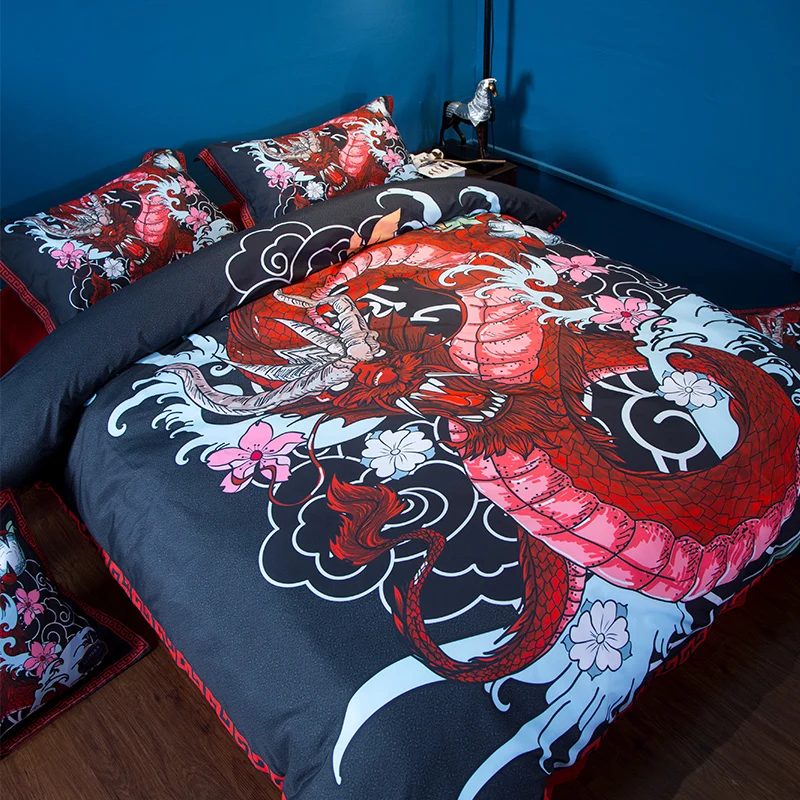 المنسوجات المنزلية التنين طقم سرير لنا التوأم كامل الملكة الملك سوبر الملك الحجم الأحمر الأسود المخدة نوم مجموعة تغطية مبطنة أغطية