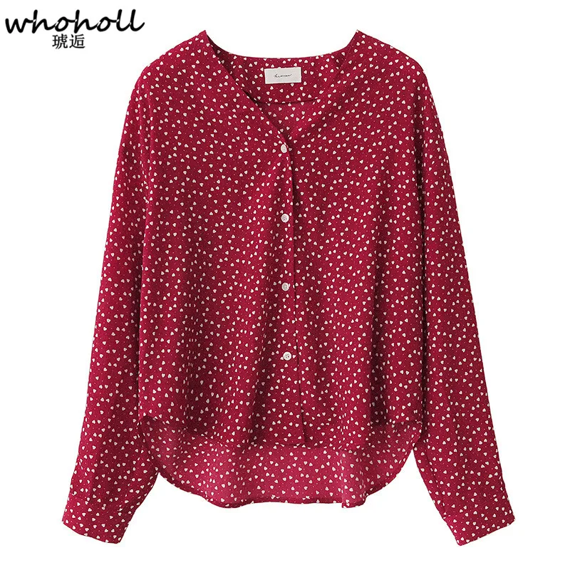 

WHOHOLL V Neck Chiffon Blouse Red Polka Dots Spring Summer Romantic Shirt Women Top Chemise Femme Chemisier Blusa Mujer