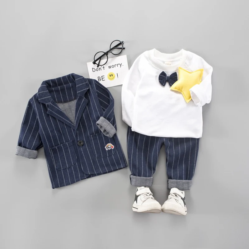 

BINIDUCKLING 3PCs/Set 2018 Fashion Spring Autumn Korean Style Small Suit Baby Boys Clothes Set Long sleeves+Coat+Pants Set