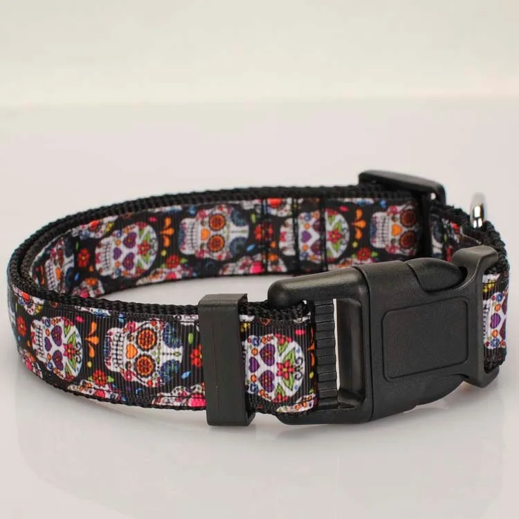 1"25mm Tattoo Skulls Dog Collar,dog leash,safety belt ,1 inch black Sugar Skulls Dog Collar 2 size avaiable