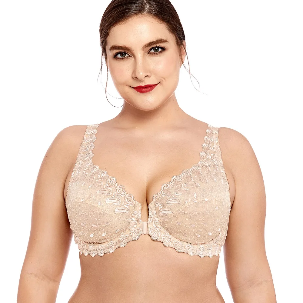  Women's Lace Front Close Unlined Plus Size Support Embroidered Underwired Bra