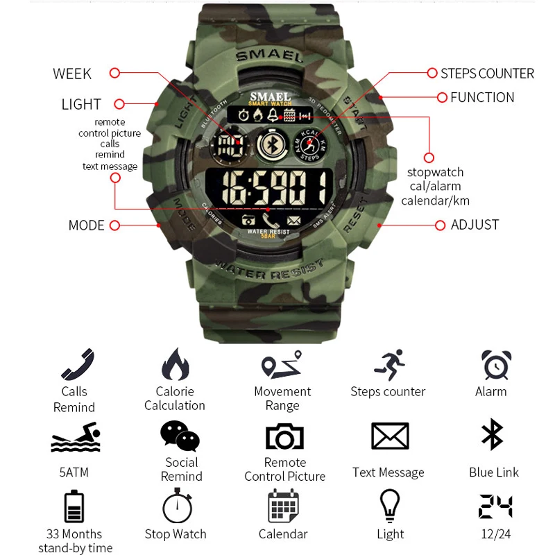 Billig SMAEL Sport Uhren Herren Digitale Armbanduhren Männlichen Chronograph Militär Armee Camouflage Armbanduhr Led anzeige Uhren Für Männer