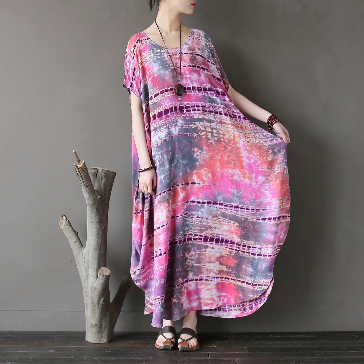 

Women Summer Loose Robe Dress Tie Dye Round Neck Printed Dress Female Print Irregular Hem Dress 2018