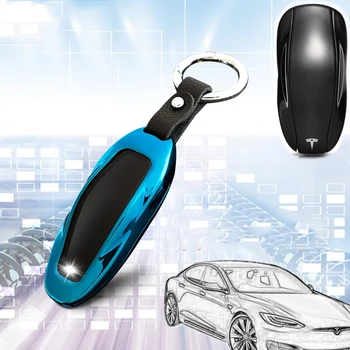 

1PC New Blue Fashion Zinc Alloy+Leather Car Key Case Bag Auto Key Protective Cover Skin Shell For Tesla Model S Car Accessories