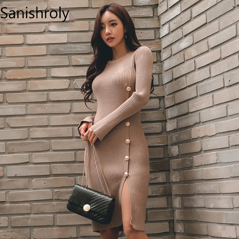 

Sanishroly 2018 Autumn Winter Women Pullover Sweater Dress Button Split Knitted Dresses Female Slim Bodycon Dress Vestidos SE119