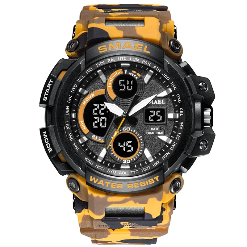 SMAEL, Брендовые спортивные часы для мужчин, двойное время, камуфляж, военные часы, для мужчин, армейские, светодиодный, цифровые наручные часы, 50 м, водонепроницаемые, мужские часы - Цвет: 1708B orange