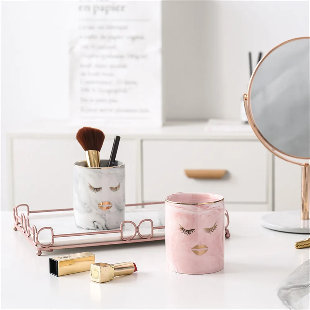 

Pink Marble Ceramic Golden Rim Storage Jar Vogue Girl Cosmetic Brush Tools Organizer Can Office Table Grey Pen Holder Home Decor