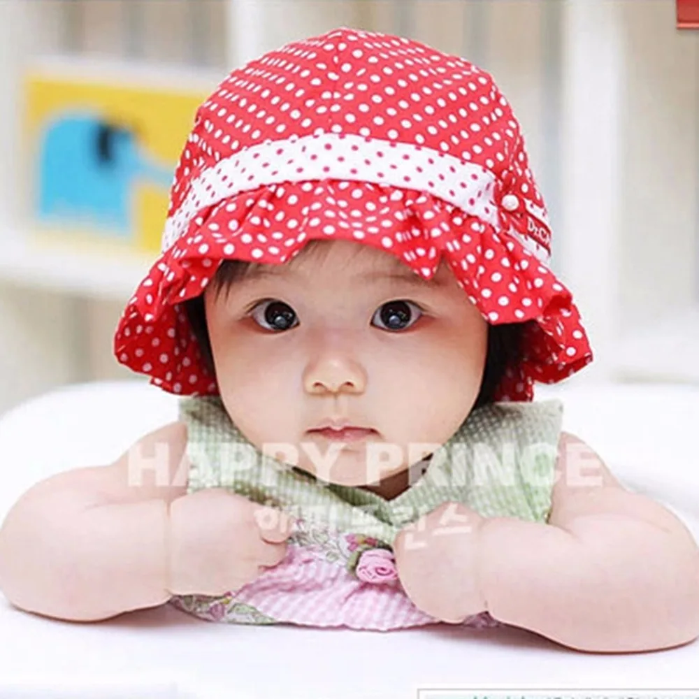 

WEIXINBUY Kids Toddlers Baby Girls Sun Hat Polka Dot Flower Bucket Cap Bowknot Pearl Hat Drop Shipping