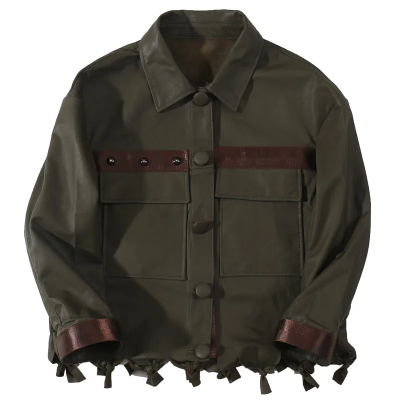 Natural Leather Jacket Dark Green Vintage Short Jacket Coat for Women Lambskin Coats Genuine Leather Jacket 2019