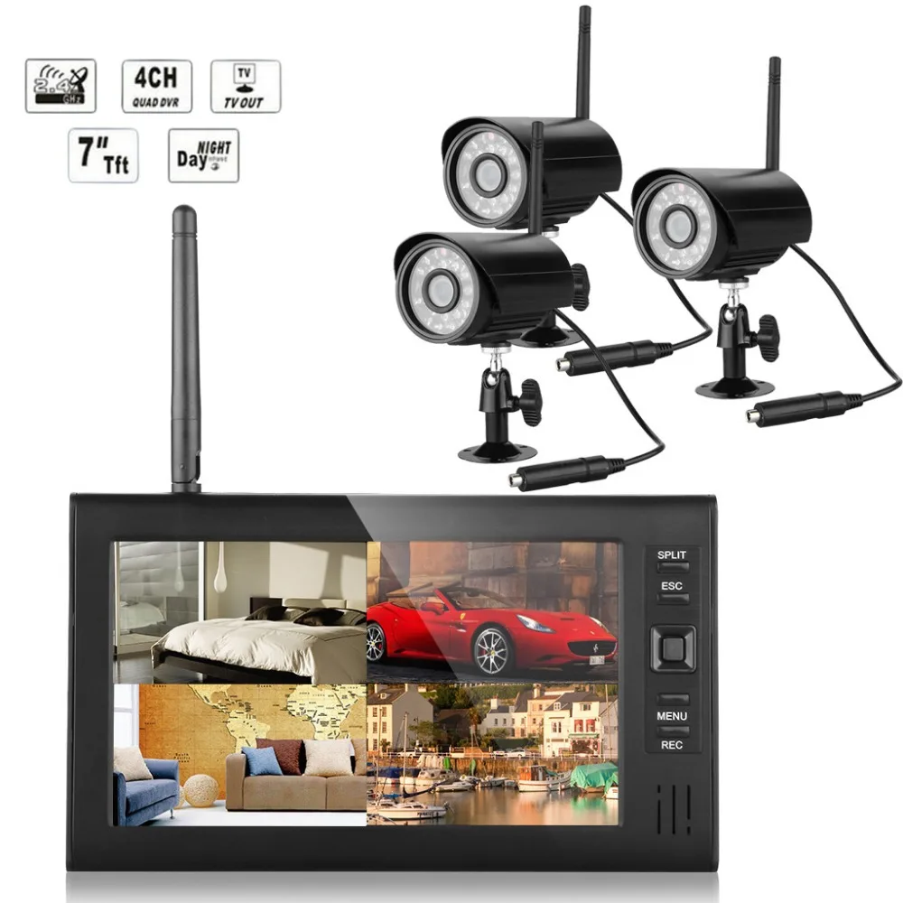  Wireless Security Camera System 3 IR Camera DVR Kit Outdoor 7" LCD Baby Monitor Support TF Card  Surveillance Camera 