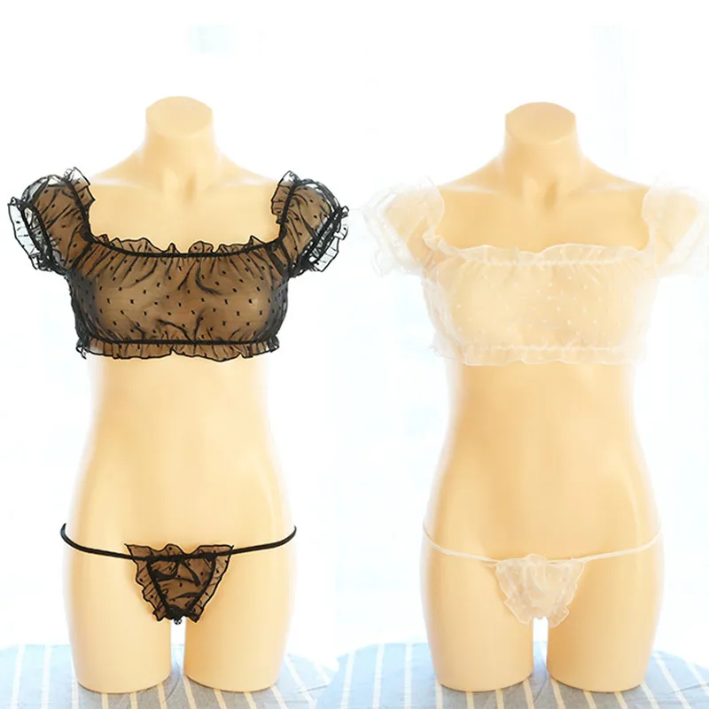 

Cute 2018 Women's Nightdress+T-back Suits Hot Erotic Baby Doll Sexy Lingerie Dots Mesh Lace Bra Costumes Transparent Underwear