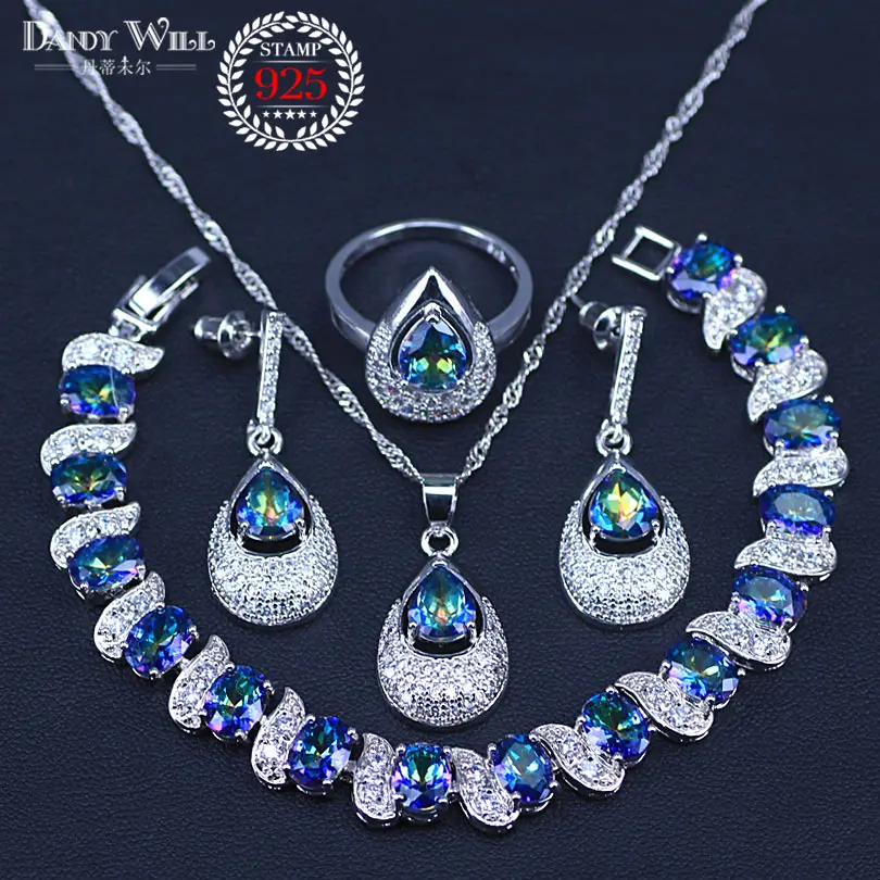 Mystic Rainbow Cubic Zirconia White CZ silver color Jewelry Sets For Women Party Necklace/Earrings/Pendant/Ring/Bracelet | Украшения и