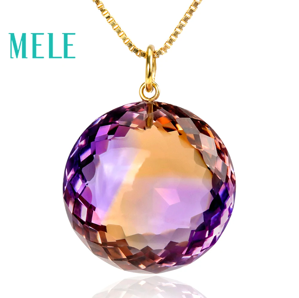 18k 골드 펜던트 천연 Ametrine 펜던트, 18k 골드 여성 18mm 라운드 4.5g 고품질 크리스탈 화려한 고급 패션 쥬얼리