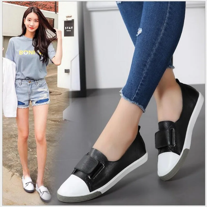 

Women's canvas shoes Hook&Loop leisure board shoe soft sole anti-slip college wind genuine leather ladies flats casual sneakers