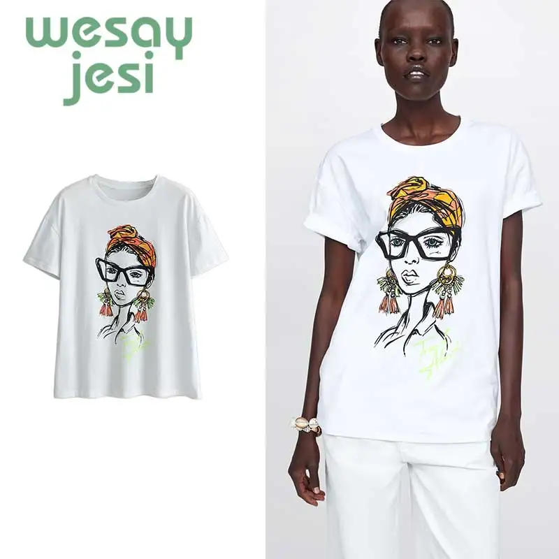 

Girl Cartoon Print 2019 Women Cotton harajuku T-shirt Summer Casual Short Sleeve O-Neck T-shirt Ladies White vintage Top
