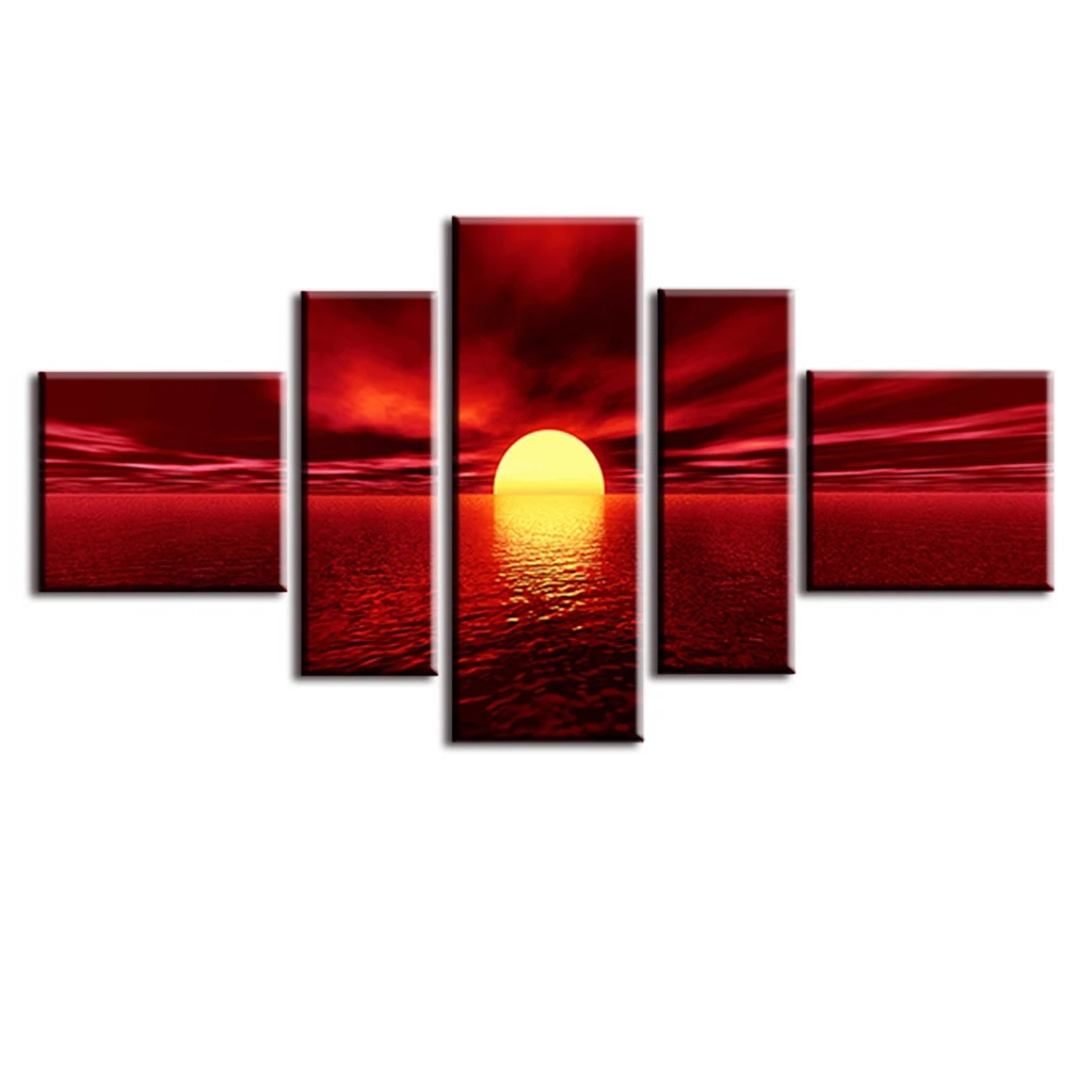 5 Pcs/Set Modern Wall Painting Sunset Red Sea Combined Paintings Canvas