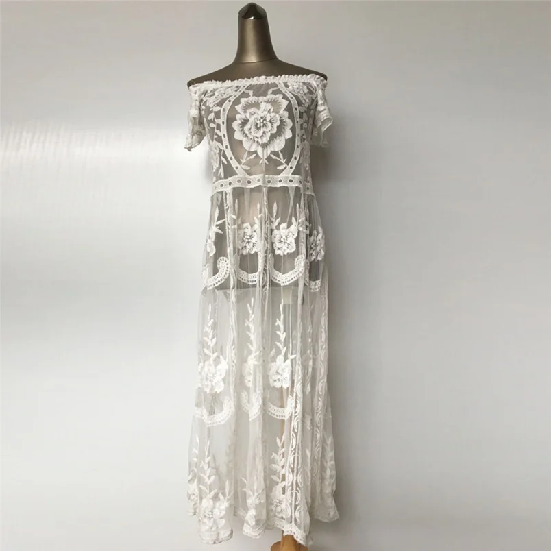 2018 New Women Sexy Off Shoulder Floral Lace Hollow Bikini Cover Up Slash Neck Swimwear Casual Beach Dress Wholesale F#L18 (7)