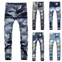 Мужские плиссированные джинсы для байкеров с принтом, мужские тонкие обтягивающие мотоциклетные рваные джинсы на молнии, ретро джинсовые брюки для мужчин