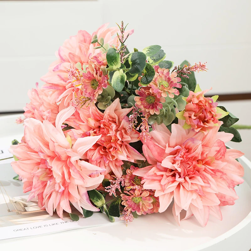 Роскошный большой букет георгина, шелковые искусственные цветы, Флорес для свадебного украшения, свадебный букет, белый искусственный цветок