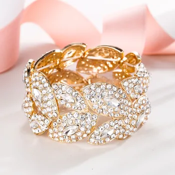 

Tuliper Leaf Elastic Bridal Bracelet Bangle Austrian Crystal Rhinestone Wedding Bracelet For Women Party Jewelry Gift