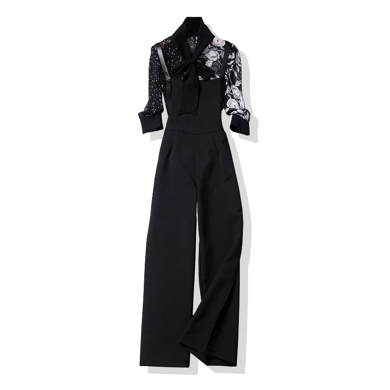 

2018 Spring Women's New Streamers Bow Chiffon Shirt Wide Pants Two-Piece Suits