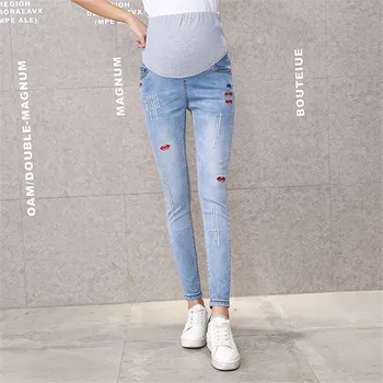 

Maternity Women Jeans Denim Ankle Length Embroidery Adjustable Elastic Waist Pants Pregnancy Belly Care Slim Leg Trousers