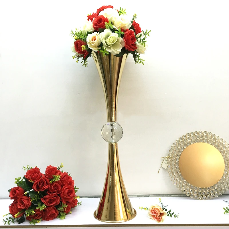 PEANDIM Gold Flower Vase With Big Crystal Ball Wedding Flower Vase Holders Table Centerpieces Candlesticks For Party Home Decor