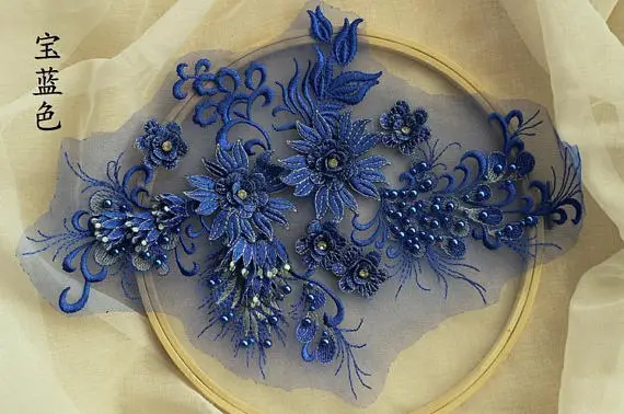

blue ace applique, navy blue heavy bead lace applique, 3D lace applique with rhinestones, bridal 3d floral, 3d flower appliques