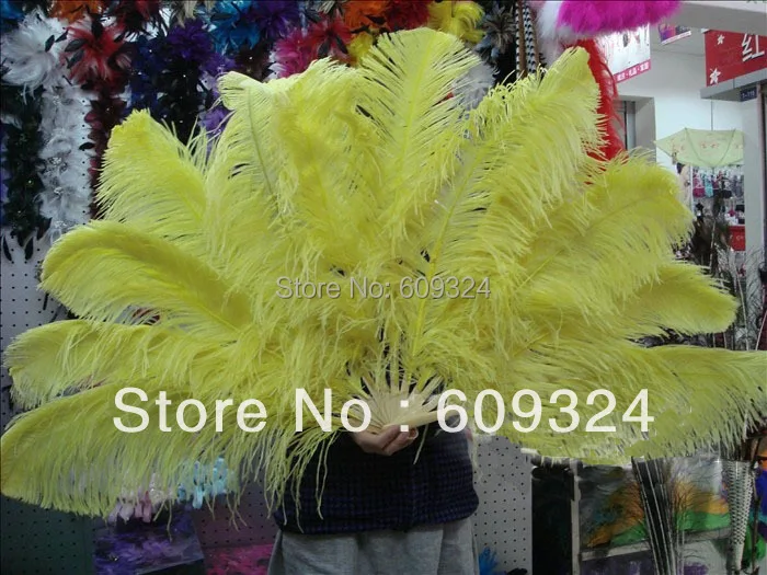 

YELLOW Ostrich Feathers Hand-made Fan With 12pcs Bamboo Staves Yellow costume feather fan ostrich feather fan