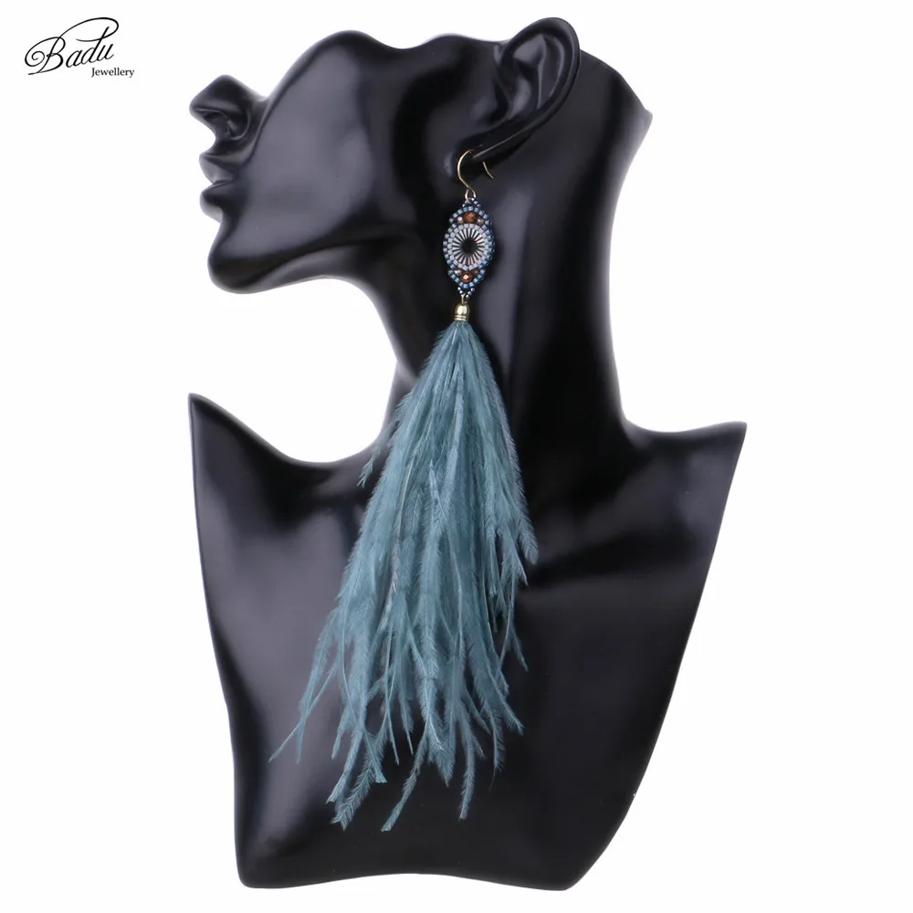 

Badu Blue Feather Earring Long Ostrich Feathers Women Vintage Earrings 2017 Bohemian Jewelry Original Design Handmade