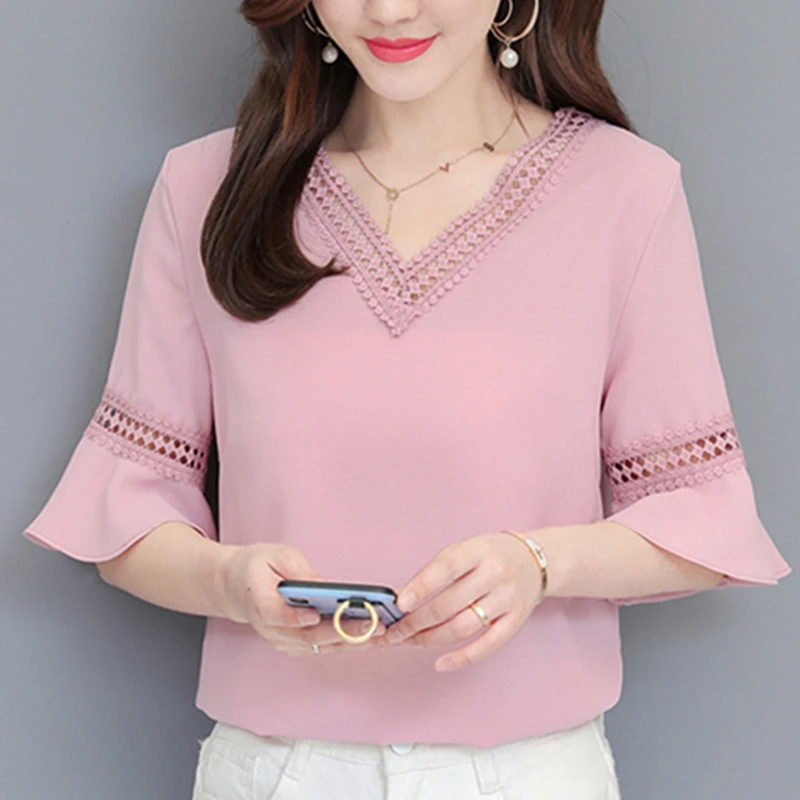 Летняя шифоновая блузка рубашка женская розовая открытая с v-образным вырезом женские Топы повседневные Blusas Feminina Половина рукава женские