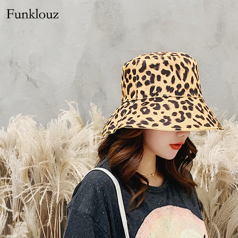 

Funklouz Leopard Print Bucket Hat Womens Double-sided Summer Sun Protection Caps for Ladies Collapsible Flat Top Fishing Sunhats