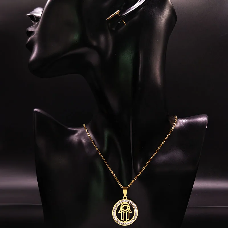 Золотой цвет Хамса ручной набор ювелирных изделий для женщин Кристалл нержавеющая сталь массивное Ожерелье Серьги pendientes mujer moda S176193
