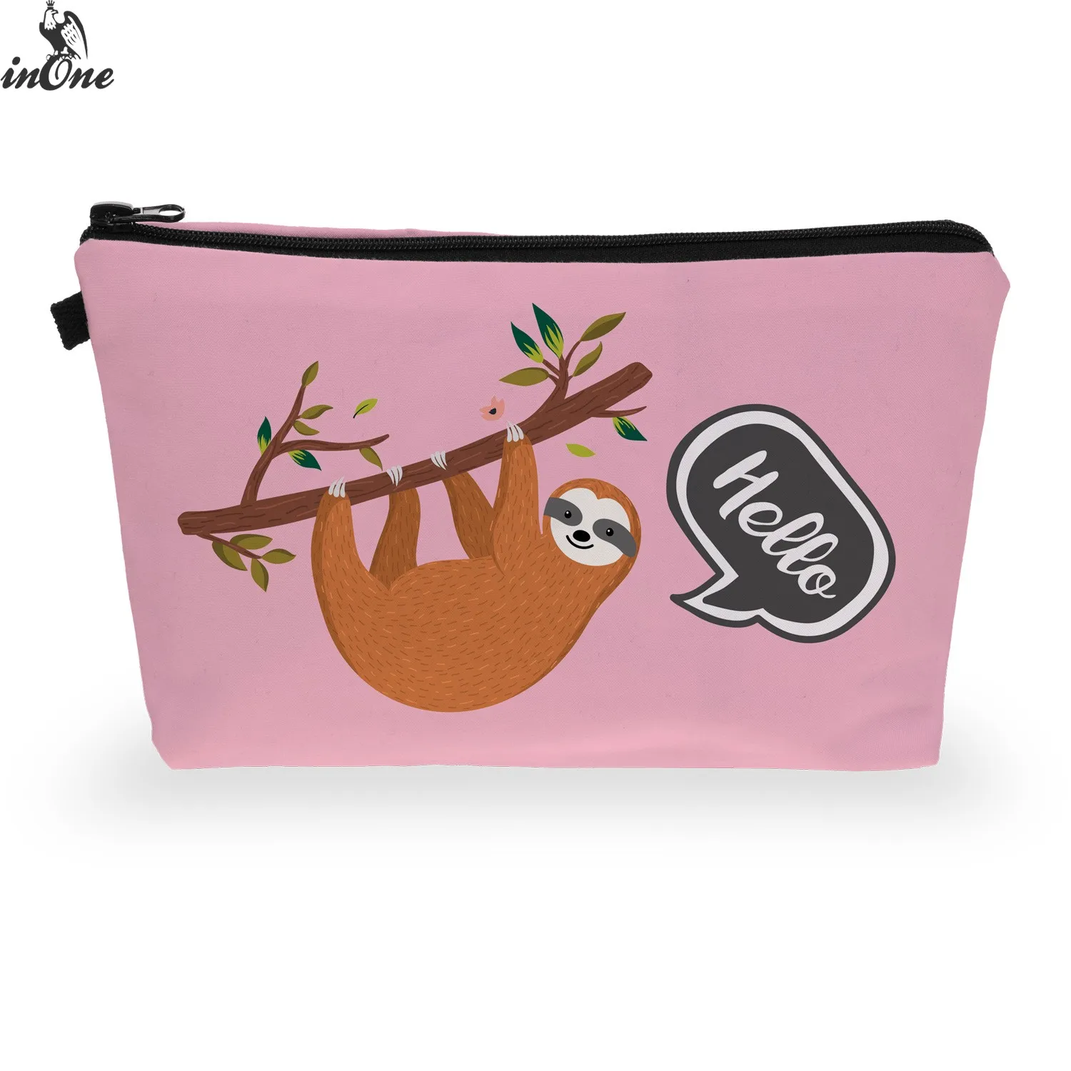 

INONE 2019 Cosmetic Organizer Travel Wash Make Up Pencil Storage Pouch 3D Printed Hello Sloth Women Makeup Pink Coin Bag Clutch