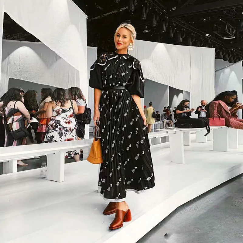 #^Special Price 2020 Zelfportret Jurk Womens Hoge Kwaliteit Zwart Bloemen Gedrukt Chiffon Maxi Jurk Vintage Bladerdeeg Mouw Bohemian Lange Jurk