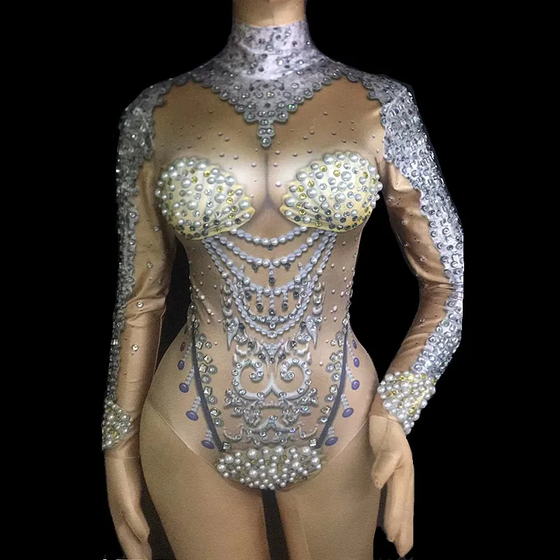 

Sparkly Rhinestones Pearl Shells Bodysuit Long Sleeve Skinny Catsuit Nightclub Female Singer DJ DS Costume Pole Dance Stage Wear