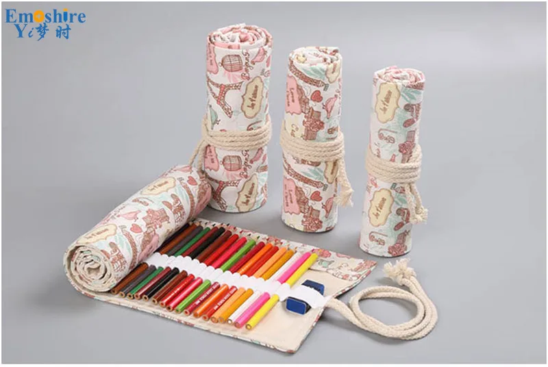 Emshire Paris Tower small fresh canvas handmade curtain 12 24 36 48 72 hole volume pencil case pen color lead storage (7)