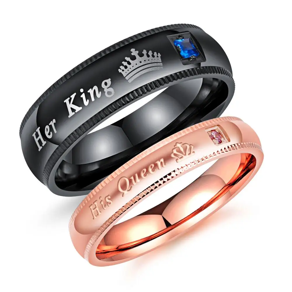 cheap Titanium His Queen Her King DIY Engraved Couple Ring Romantic Engagement Wedding Rings For Men Women Jewelry