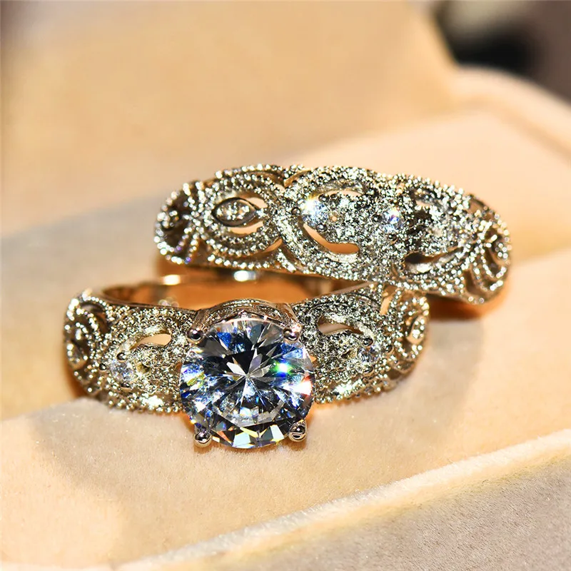 Роскошное модное женское свадебное кольцо, набор модных серебряных свадебных ювелирных изделий, обручальные кольца с кристаллами для женщин